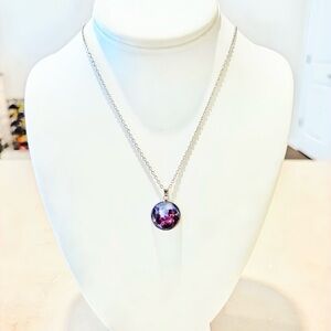 Galaxy Nebula Pendant Necklace Cosmic Space Glass Cabochon Silver Tone New